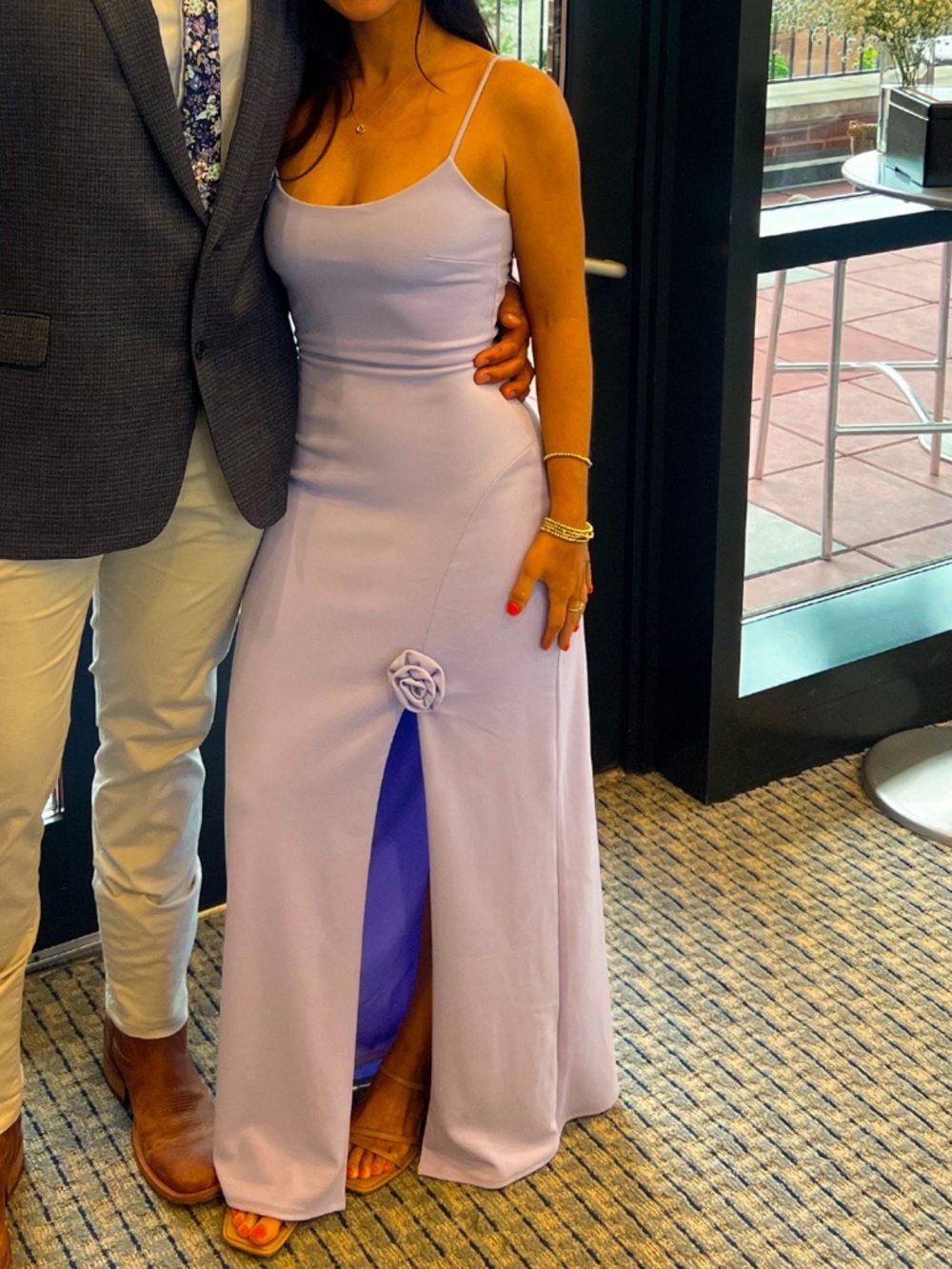 Lilac maxi dress with slit and flower detail. Size XS